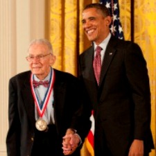 Arthur H. Rosenfeld shakes hands with President Barack Obama