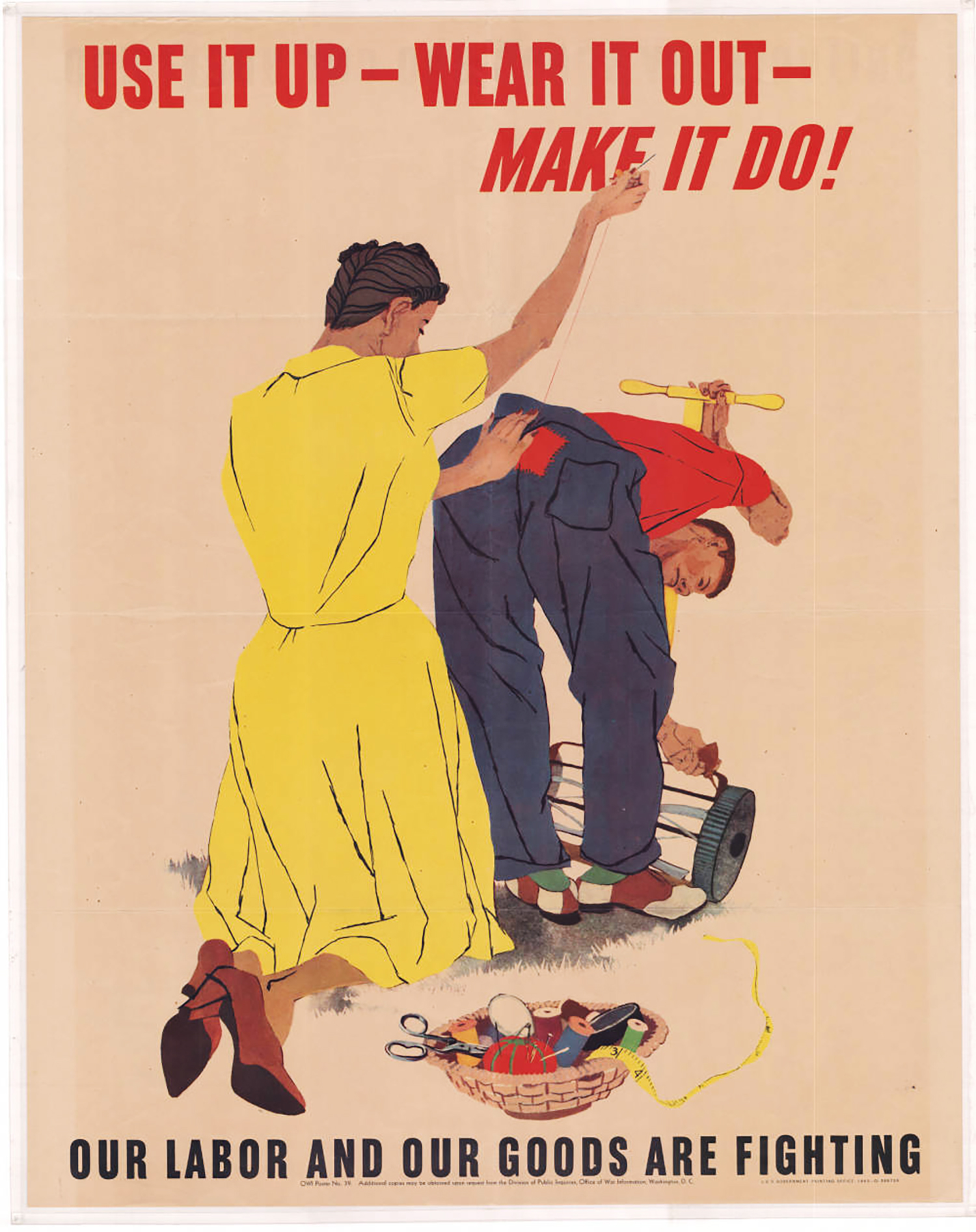 Black woman kneeling and sewing a patch onto the seat of a black man's pants. The man is wearing the pants and bending over to clean or repair a reel mower for grass.