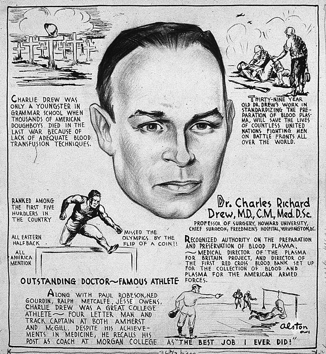 World War II poster describing Dr. Charles Drew’s scientific and athletic accomplishments.