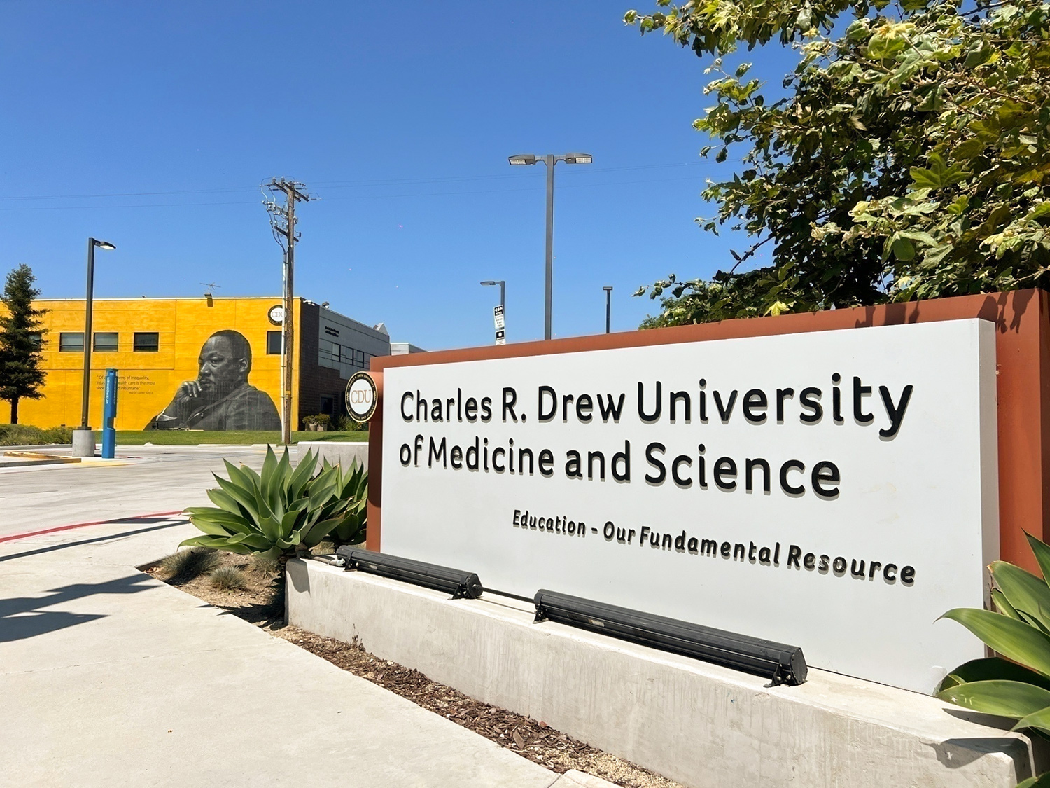 A sign showing the entrance to the Charles R. Drew University of Medicine and Science, one of several educational institutions named after the surgeon and scientist. 