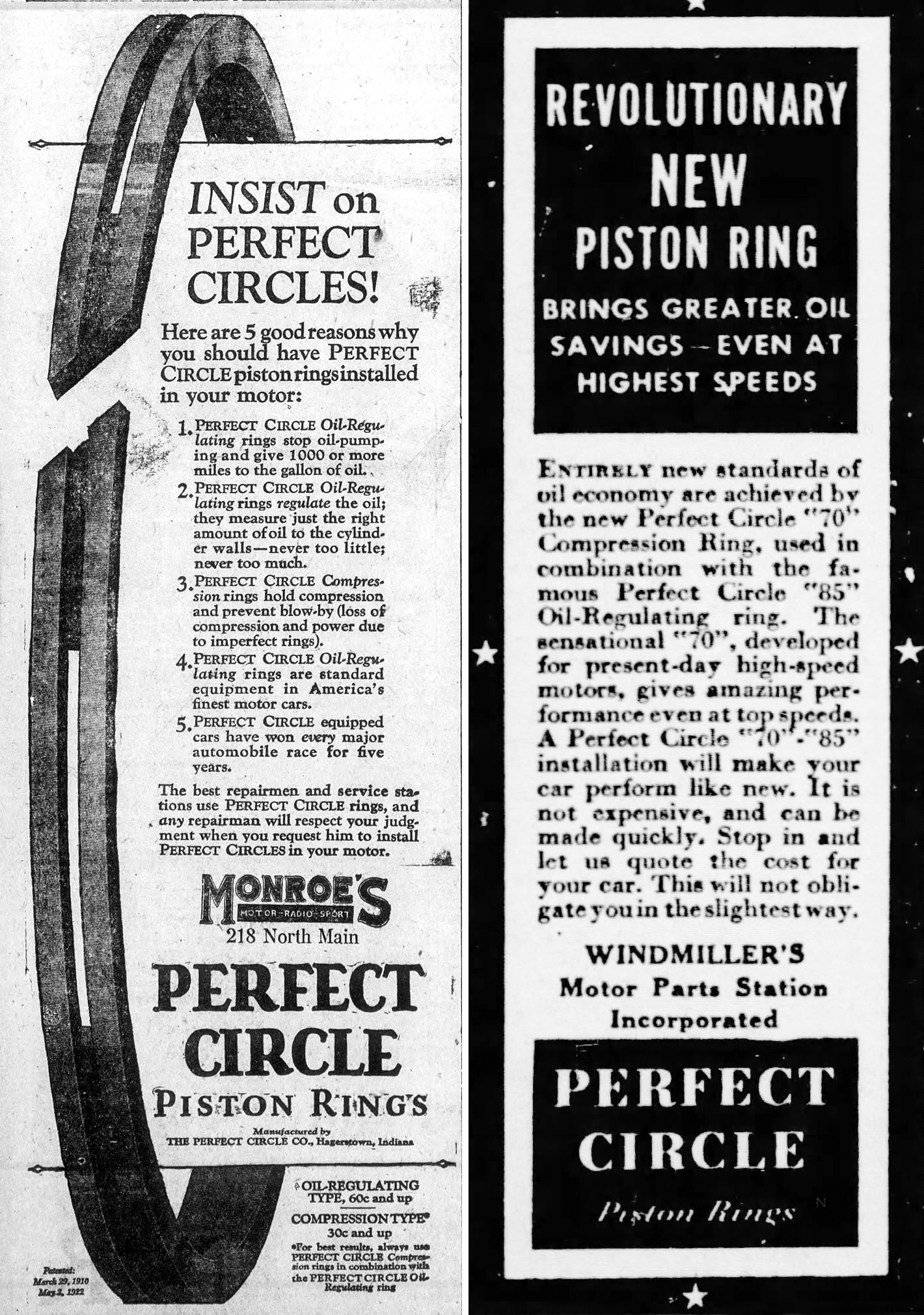 newspaper advertisements for Perfect Circle piston rings