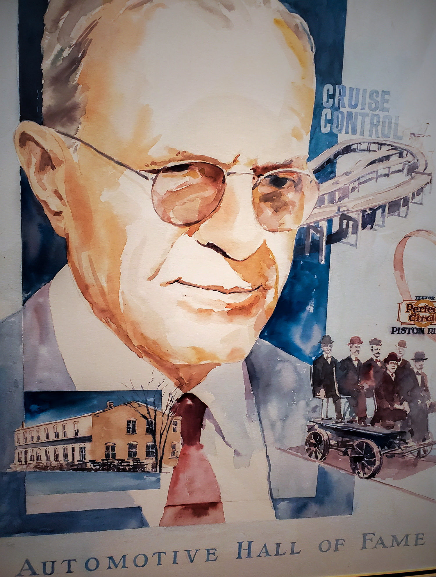 Illustration of inventor Ralph Teetor surrounded by images of buildings, racetrack, and a railroad peddle car with the words Automotive Hall of Fame.