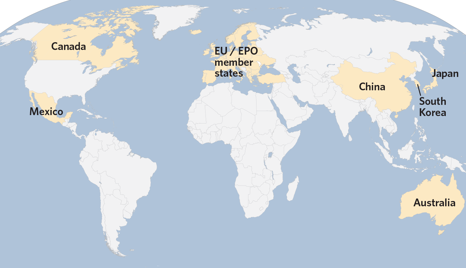 world map with regions listed in Canada, Mexico, EU/EPO member states, China, Japan, South Korea, and Australia