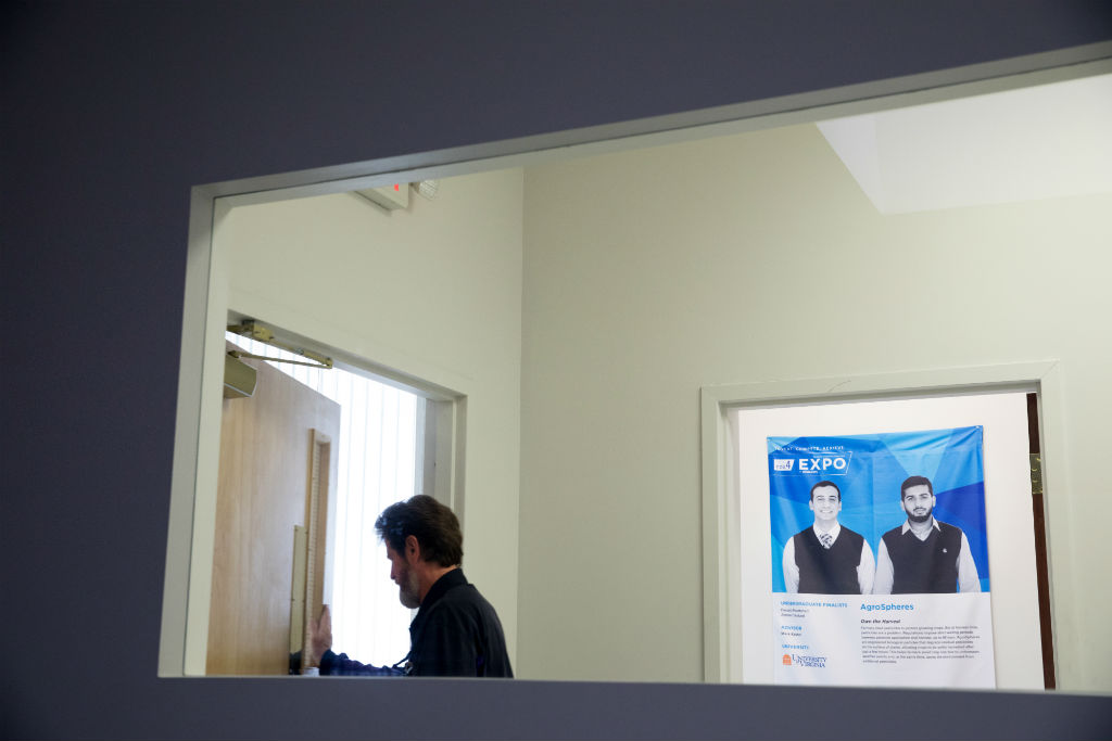 A banner from the National Inventors Hall of Fame 2016 Collegiate Inventors Competition (where they were awarded a gold prize in the undergraduate category) hangs prominently at the entrance the AgroSpheres office.