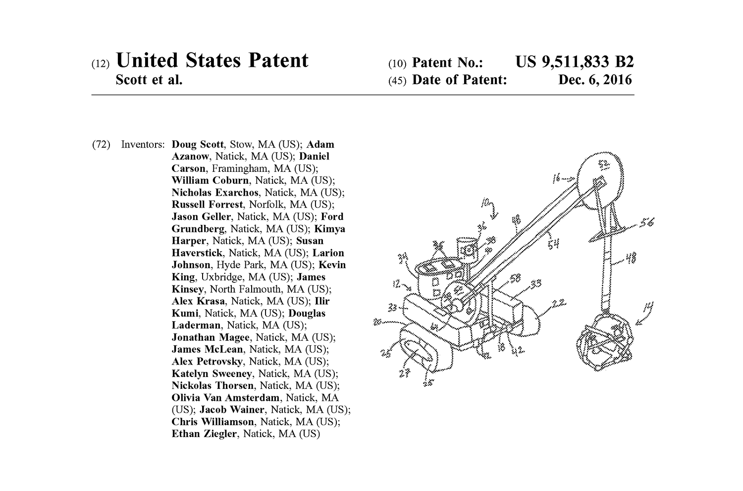 Patent #9,511,833 received by Doug Scott and students for their ROV ice rescue robot.