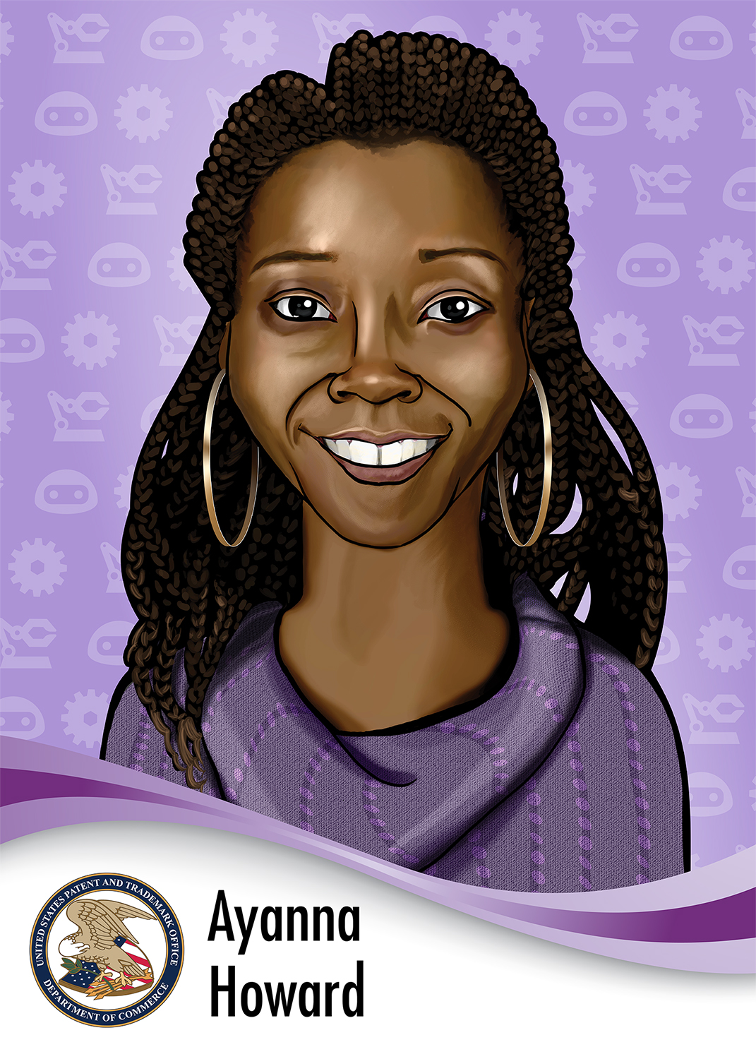 Cartoon image of Ayanna Howard, with United States Patent and Trademark Office seal in left-hand corner.