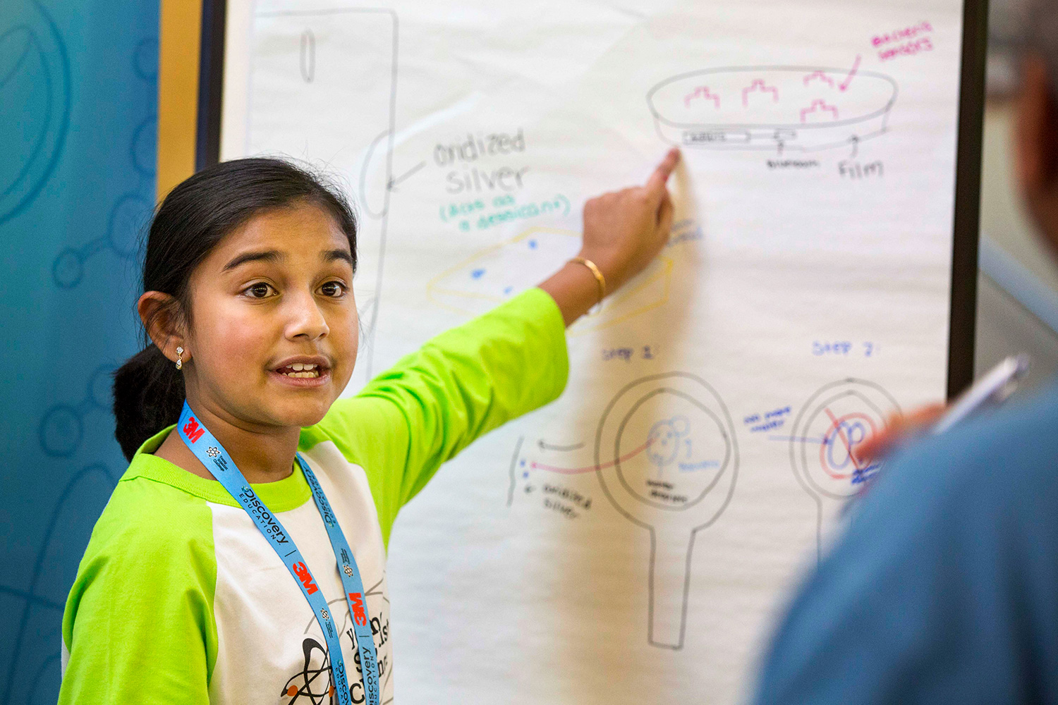  Gitanjali Rao presenting at a white board during the 3M competition