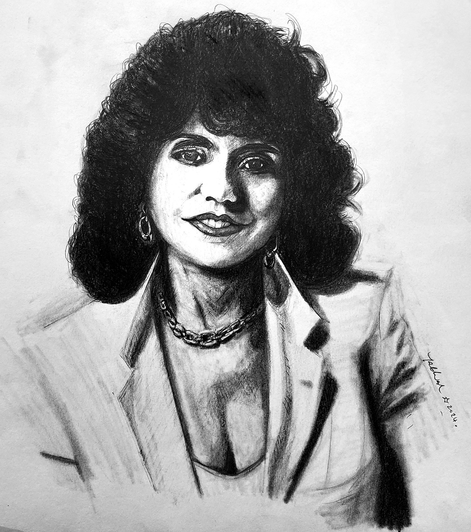 Black and white pencil drawing of a woman with shoulder length hair who is wearing a blouse, jacket, and jewelry.