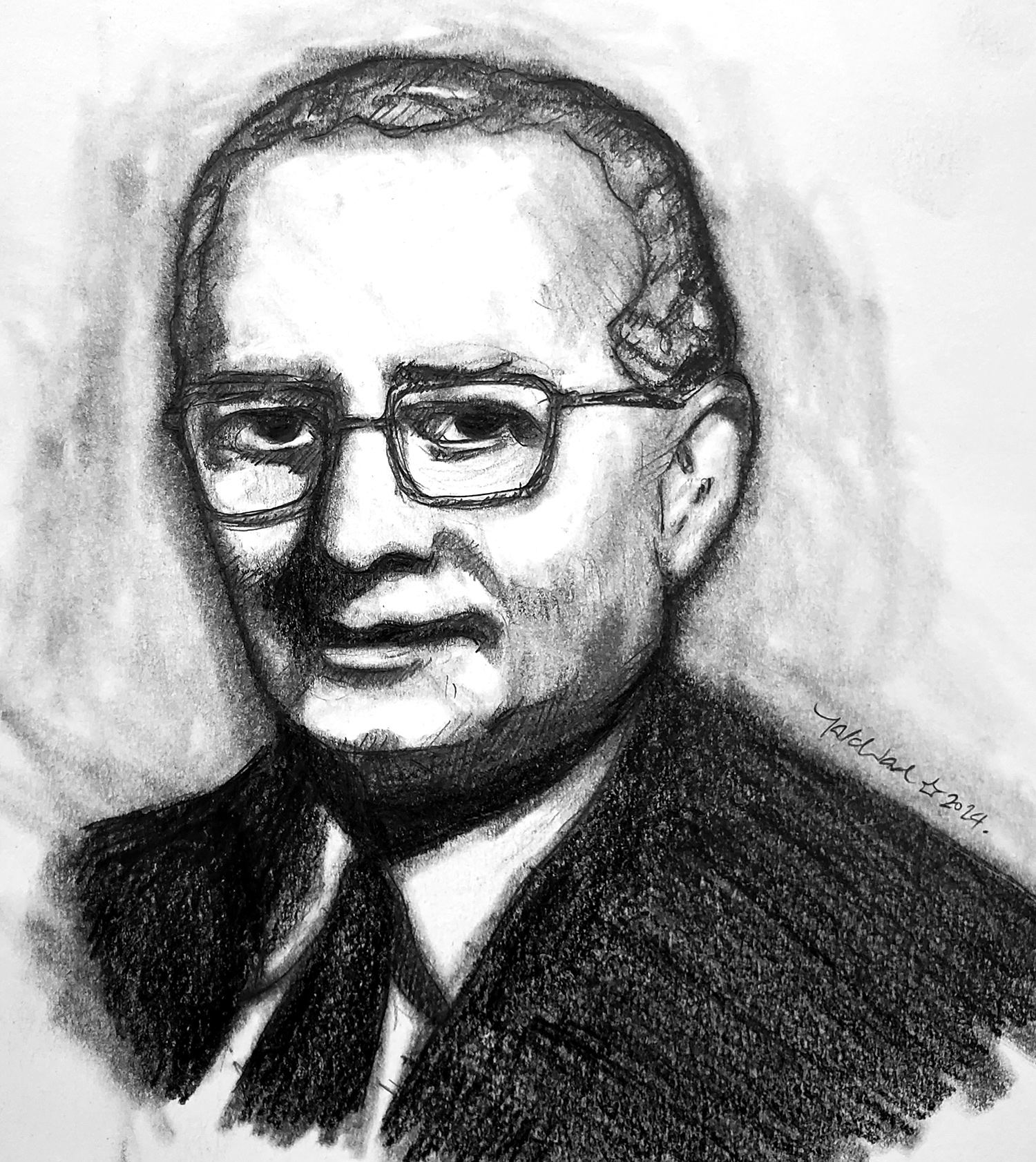 Black and white pencil drawing of Harry Pace wearing a dark suit and tie