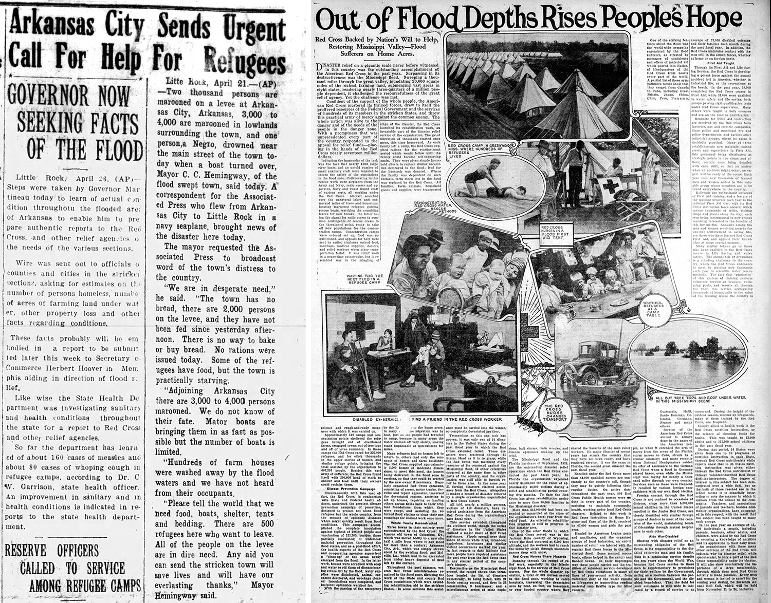 Left: A 1927 newspaper clipping with the title “Arkansas City Sends Urgent Call for Help for Refugees” that requests assistance due to catastrophic flooding event. Right: A newspaper clipping with the title “Out of Flood Depths Rises People’s Hope” that details local and national recovery efforts in the aftermath of a catastrophic flood in 1927.