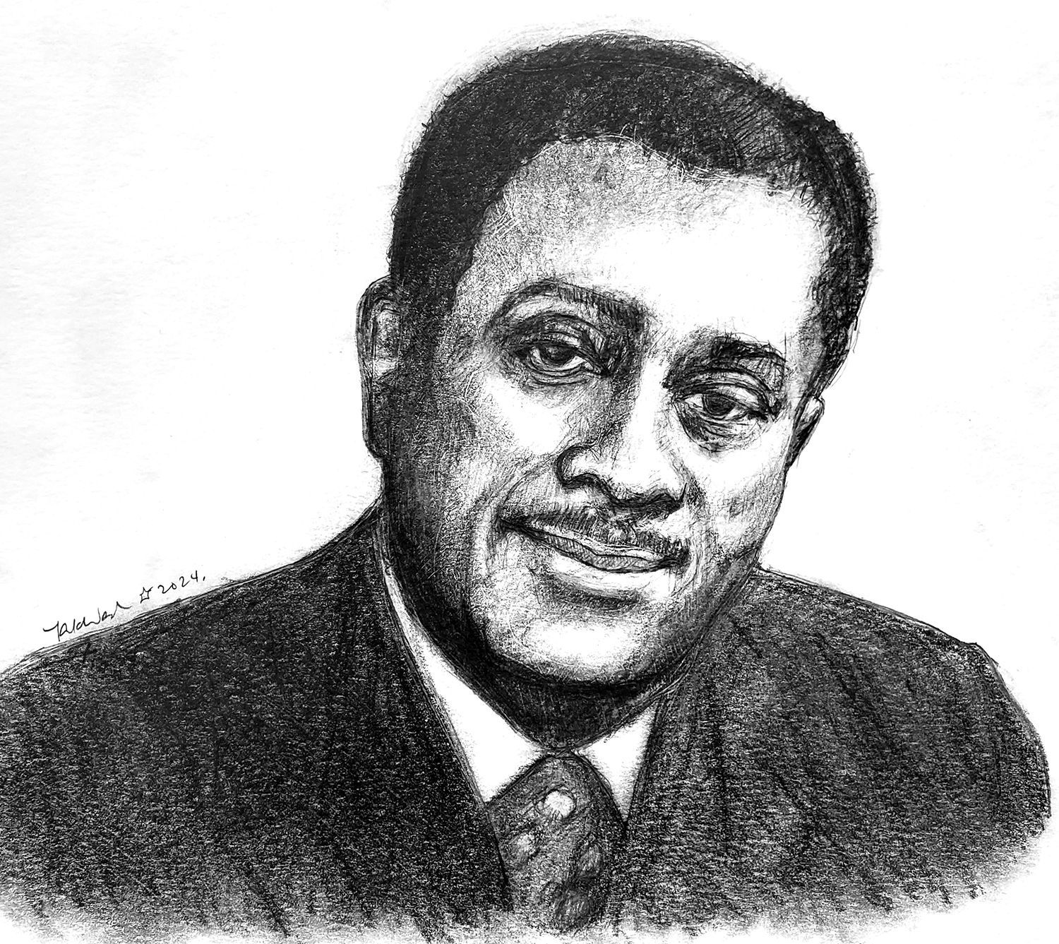 Black and white pencil drawing of John Johnson, founder of Ebony magazine, as a young adult.