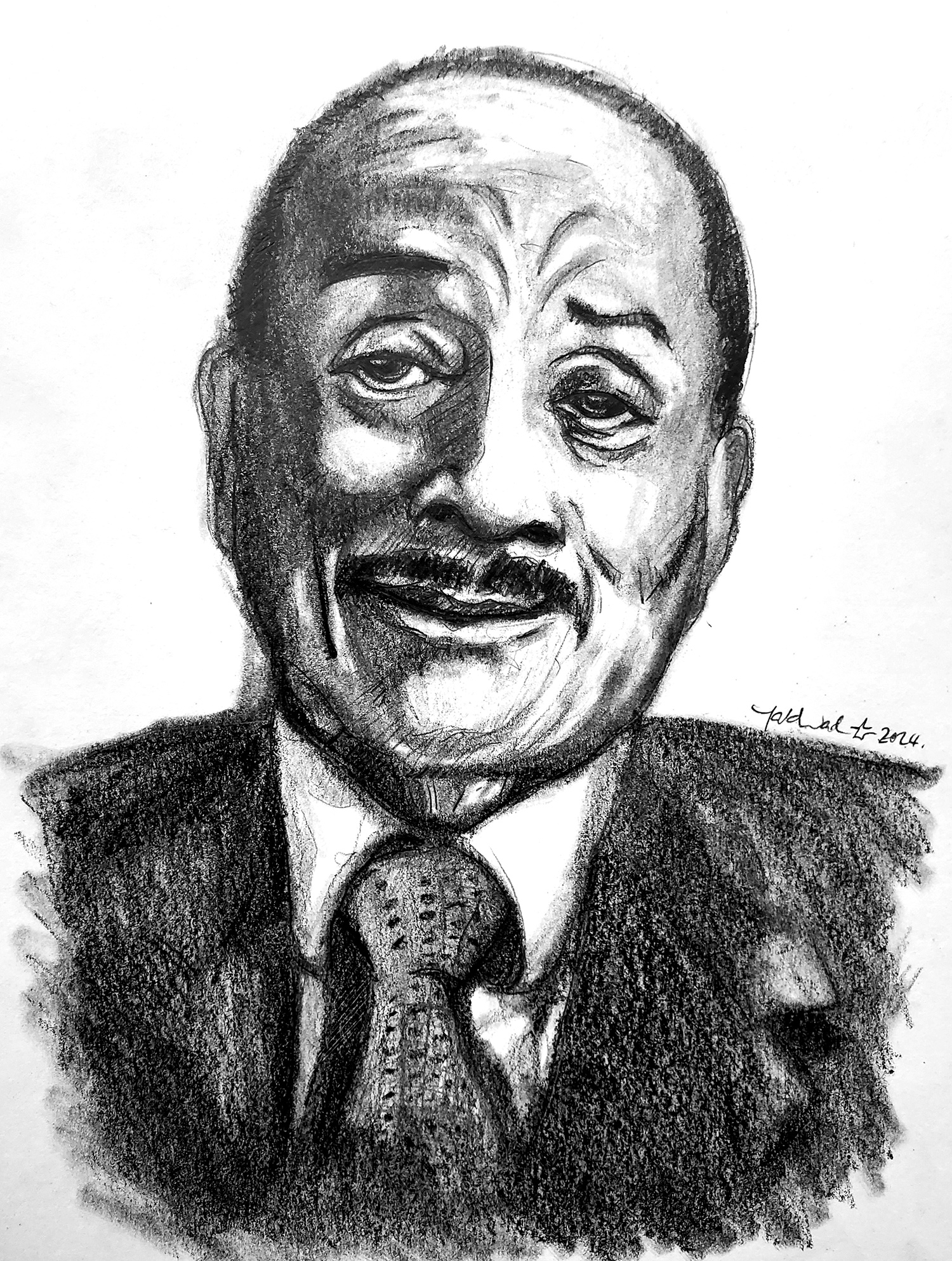 Black and White pencil drawing of Ebony magazine founder John Johnson, wearing a dark suit and tie.