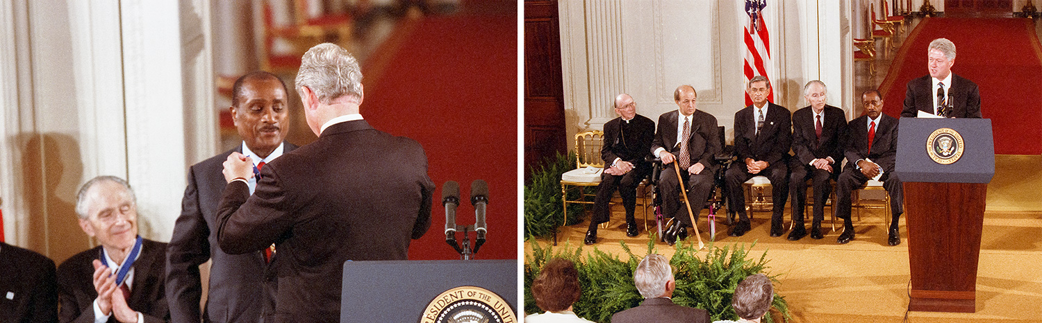 Left: President Bill Clinton, back to the camera, lays a medal around the neck of a man wearing a dark suit. Right: President Bill Clinton standing behind a podium speaking to a crowd with five men wearing suits sit together behind him.