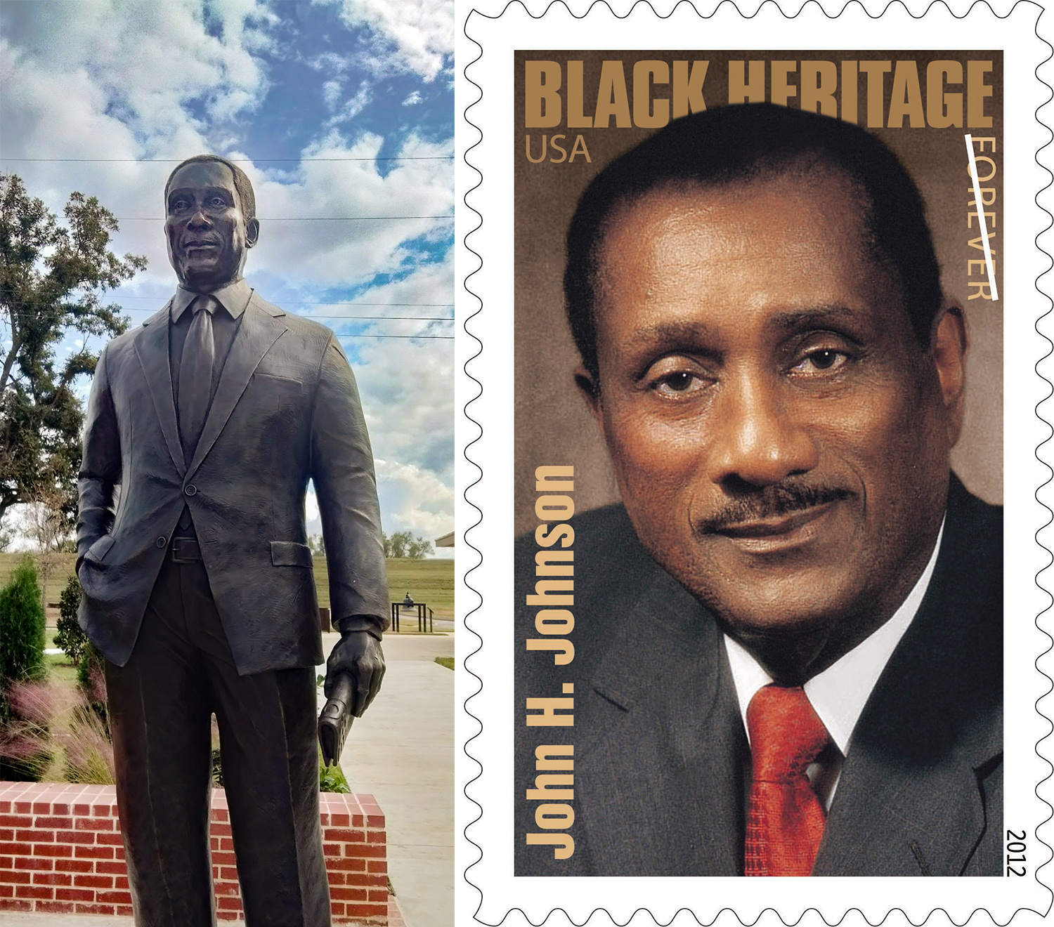 Left: A United States Postage Stamp featuring John Johnson wearing a suit and red tie and the words Black Heritage printed at the top. Right: A bronze statue of John Johnson, Founder of Ebony and Jet magazines, holding a folded magazine in his hand.