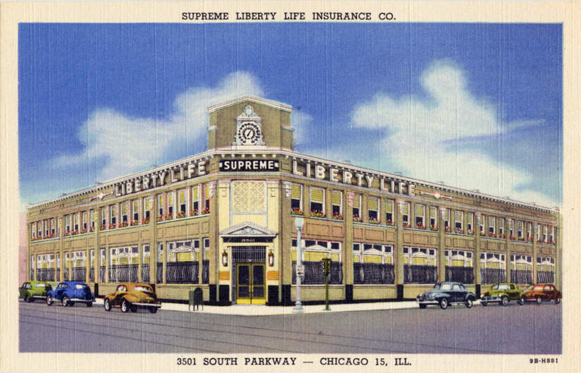 A watercolor postcard depicting the multistory Supreme liberty Life Insurance building.