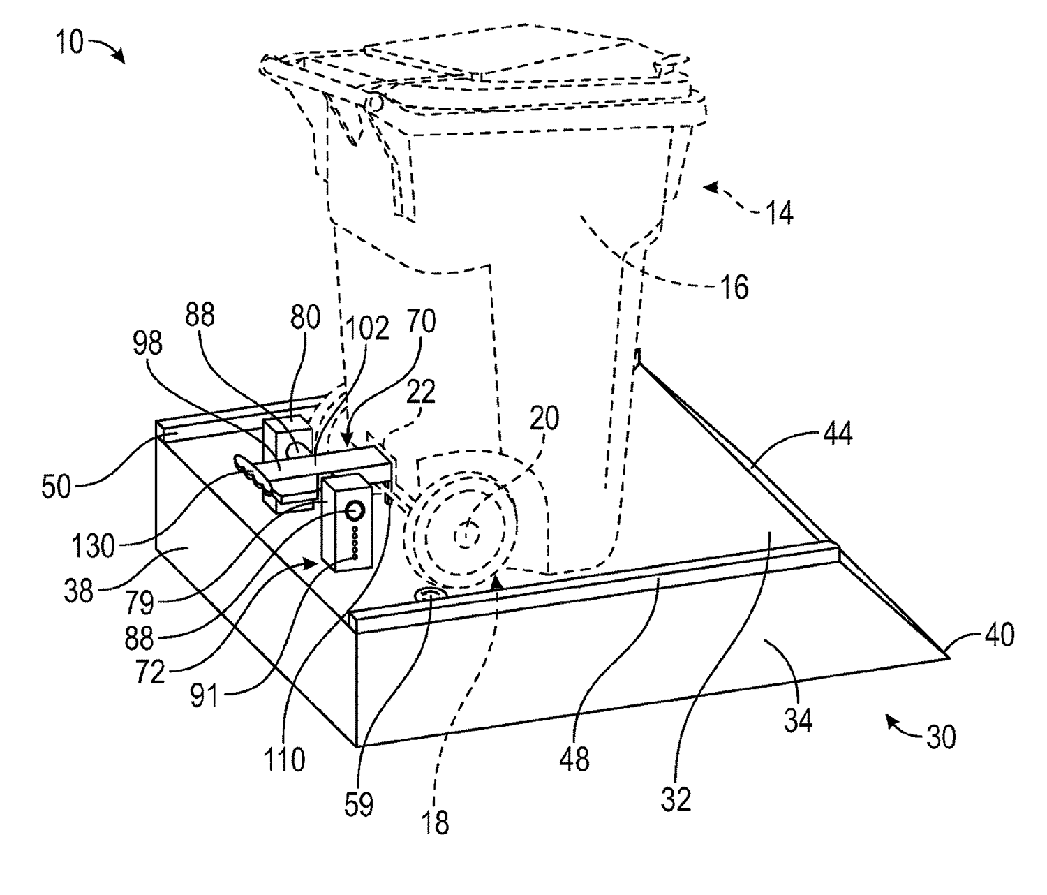 A black and white drawing of a weighted platform base for residential trashcans.