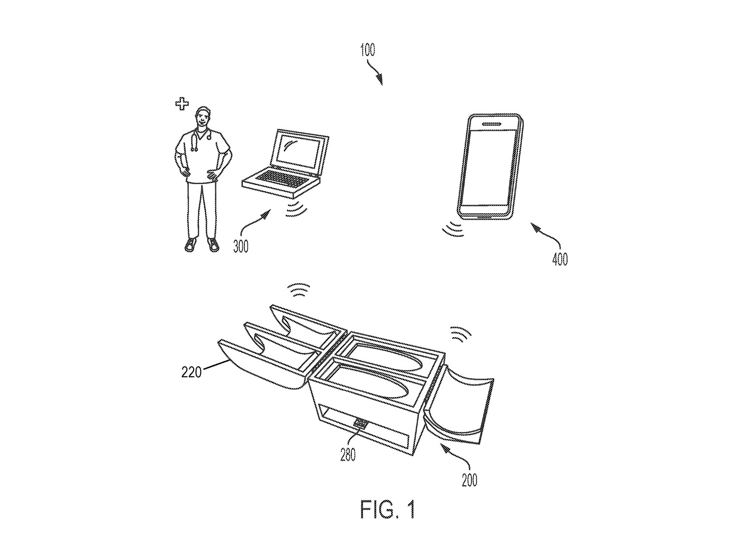 An illustration of a person, computer, and cell phone and how that can be connected to the patented device.