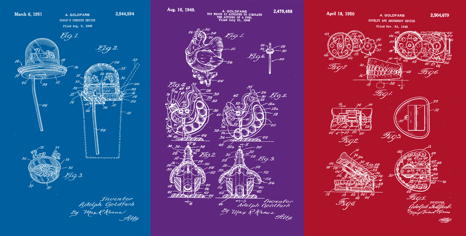 Combined patent art specimens containing a chicken that lays eggs, a children’s tumbler with a carousel top, and a set of motorized teeth.