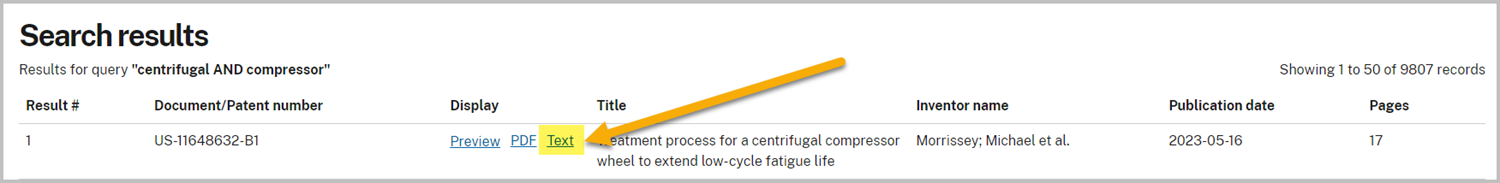 Screenshot of Patent Public search Basic search results showing the link for new text viewer