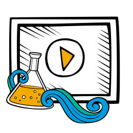 This graphic shows an illustration of a monitor with a play button on top. In front of the monitor is science equipment.