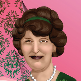Illustration of a fashionable woman with curly hair and a pearl necklace with the name “Beulah Louise Henry”