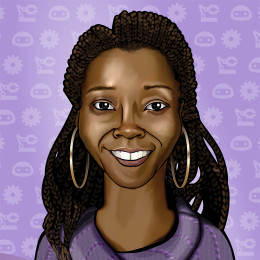 Cartoon image of Ayanna Howard, with United States Patent and Trademark Office seal in left-hand corner.