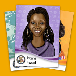 Three USPTO Trading Cards are piled on top of each other. A trading card for Ayanna Howard is on top.