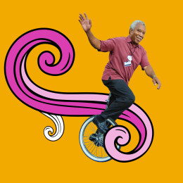 a photograph of Inventor Lenny Smoot on a unicycle is layered on top of an orange background with an abstract loopy doodle around the photo.