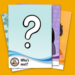 Three USPTO Trading Cards are piled on top of each other. On top of the pile is a trading card that says, "who's next?" with a big question mark.