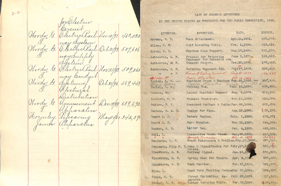 A handwritten list of inventors and patents which includes the name “James Wormley,” alongside a typed list of patents and inventors that includes the name “Miss M.E. Benjamin.”