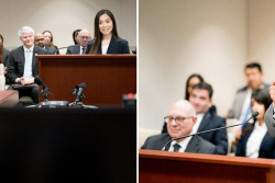 PTAB proceedings collage showing woman speaking at podium while audience is actively engaged and another of a man speaking at podium