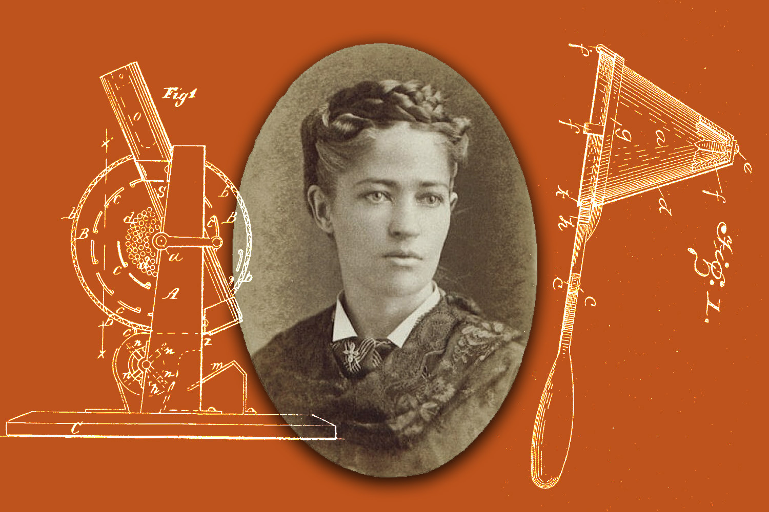 A photo of inventor Josephine Cochrane flanked by patent drawings from Martha Jones and Alfred Cralle’s inventions.