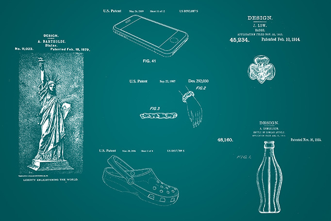 Collage of commonly known design patents like crocs, iphone, and the hair scrunchie