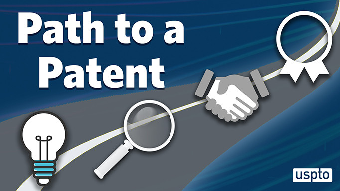 Path to a Patent graphic over a light bulb, magnifying glass, handshake, and ribbon icons