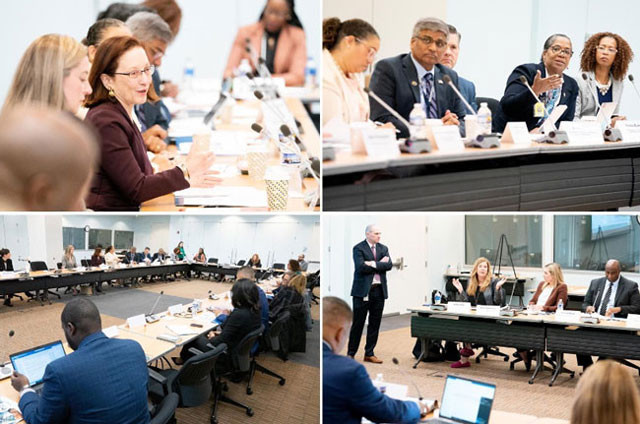 Collage of photos of government leaders sitting around a large conference table engaged in lively conversation