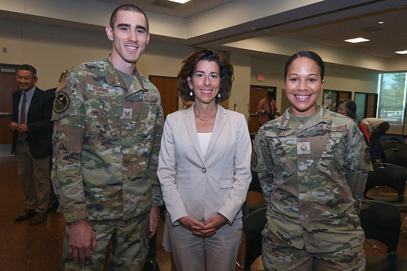 Secretary of Commerce Gina Raimondo with two Air Force service members at a USPTO Entrepreneurship Essentials event at Hanscom Air Force Base, Massachusetts