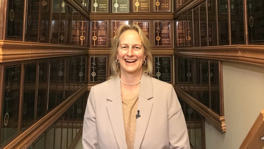 Audrey Sherman poses in her stairwell with the plaques she received from 3M for her patents.