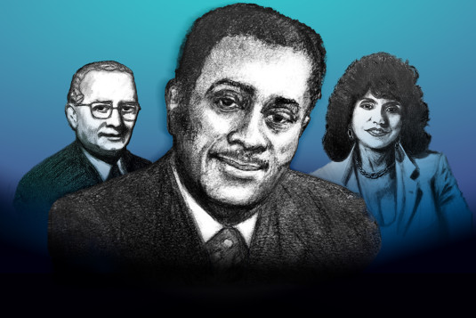 Portraits of John Harold Johnson (middle), Eunice Johnson (right), and Harry Pace (left) are placed in the center of a graphic. 