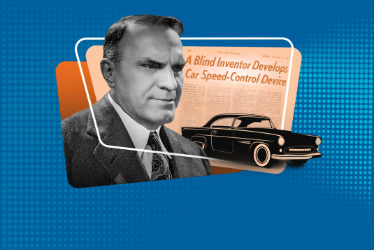 Ralph Teetor is pictured next to a vintage car illustration and an old newspaper headline clipping that reads "a blind inventor develops car speed-control device."