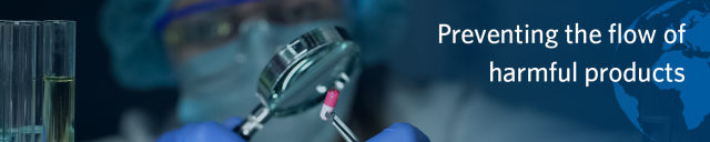 Preventing the flow of harmful products against a background of a lab worker inspecting a pill.