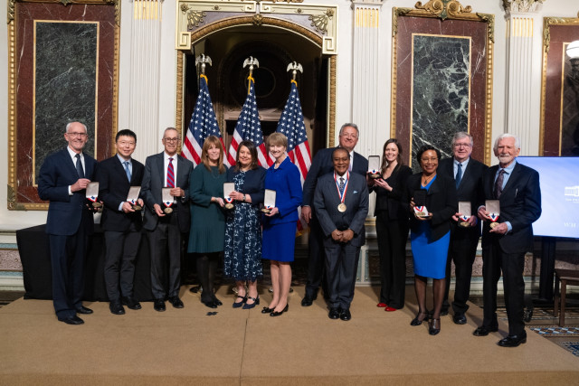 Group photo of new NMTI laureates in the Indian Treaty Room of the Eisenhower Executive Office Building.