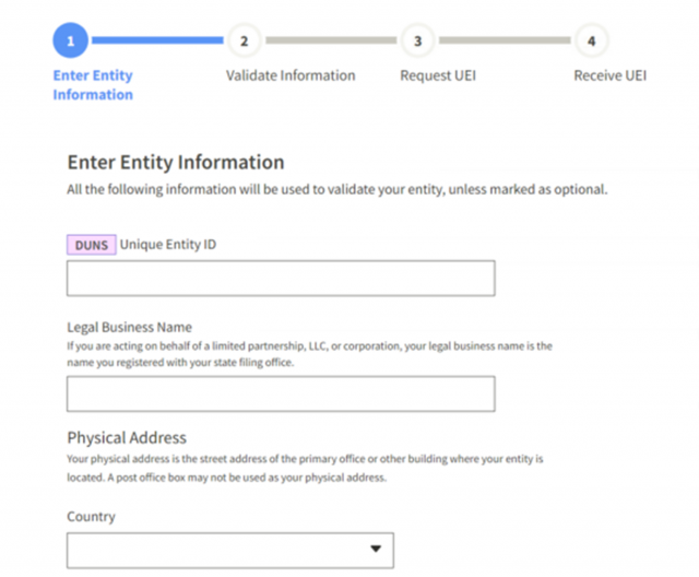 Screenshot from SAM.gov showing entry fields for Unique Entity ID (UEI), Legal Business Name, and entity address.