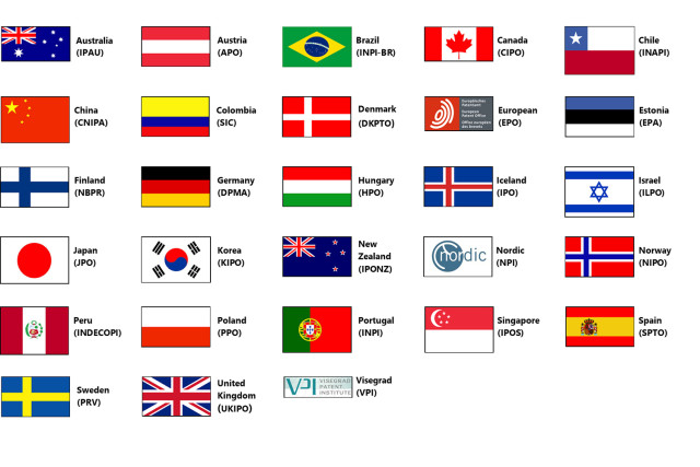 Flags representing Australia, Austria, Brazil, Canada, Chili, China, Colombia, Denmark, European, Estonia, Finland, Germany, Hungry, Iceland, Israel, Japan, Korea, New Zealand, Nordic, Norway, Peru, Poland, Portugal, Singapore, Spain, Sweden, United Kingdom and Visegrad.