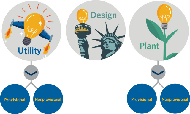 Graphic showing that Utility and Plant patents can be provisional and non-provisional 