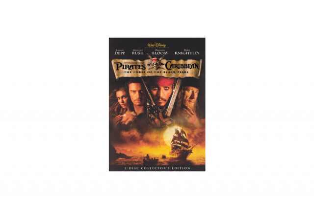 Example showing the series title for the Pirates of the Caribbean movies in bigger letters than the movie-specific title of The Curse of the Black Pearl on a DVD cover.