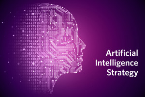 Face made up of circuit traces on a purple background. Text reads Artificial Intelligence Strategy