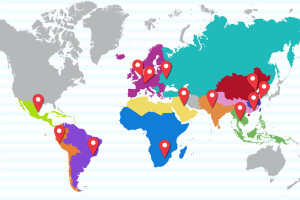 World map with indicators of the 13 IP attaché locations.