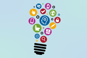 A graphic that is used on event materials for Invention-Con that is shaped like a lightbulb and contains symbols that relate to topics covered at the conference.