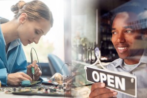 female at a workbench creating fading into a male opening the door of a business