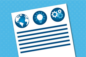 Graphic of OPIA bulletin with lines for text and a globe, light bulb and gears
